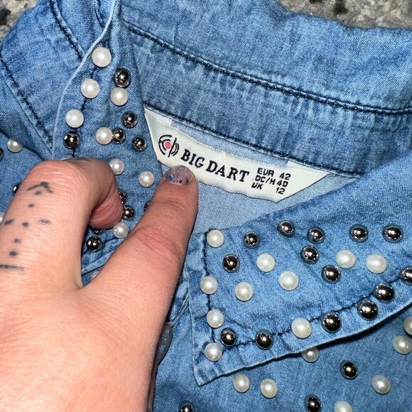 Big Dart Embellished Pearl Rhinestone Denim Shirt Hi Low Tunic Medium - Picture 5 of 10